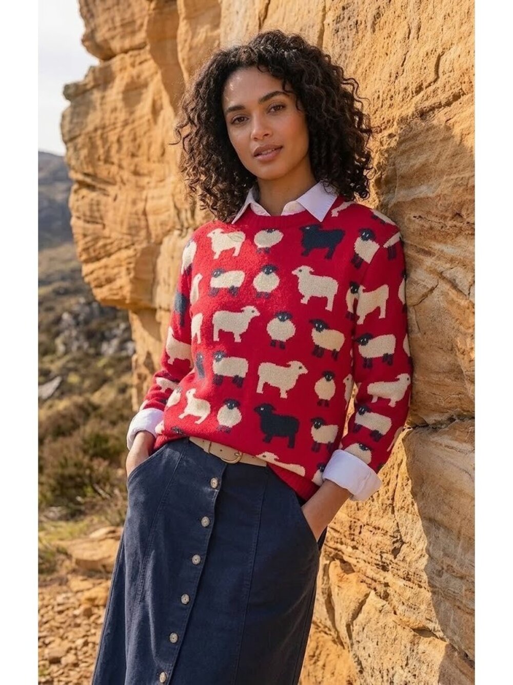 NWT House of Bruar Diana Crew Sweater in Red Black Sheep Lambswool Knit S